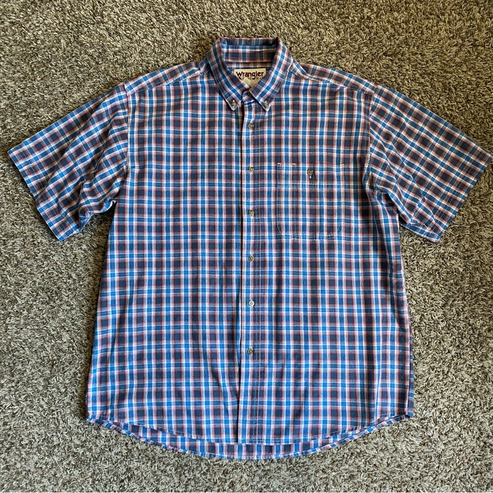 Wrangler Rugged Wear Shirt Men’s XL Blue Red Plaid Button Up Cotton Blend Spring